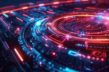 Poster - a close-up of a futuristic circuit board lit up by neon lights, ideal for tech-related designs and i