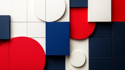Poster - A colorful abstract painting with red, white, and blue shapes. The painting is made up of squares and circles, and the colors are bold and vibrant. The overall mood of the painting is energetic