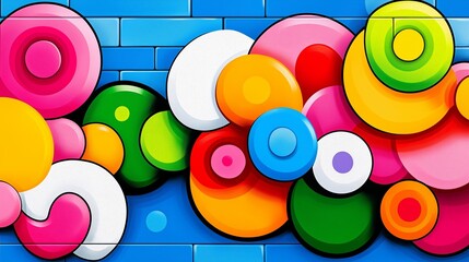 Wall Mural - A colorful painting of many different colored circles. The circles are of various sizes and colors, and they are arranged in a way that creates a sense of movement and energy. The painting is vibrant