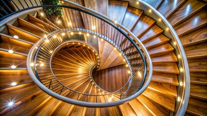 Top-Down View of a Spiraling Wooden Staircase with Metal Railing and Illuminated Steps - Spiral Staircase - Wooden Steps - Metal Railing - Interior Design - Architecture - Lighting - Perspective View 