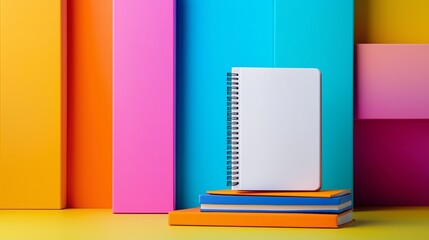 Poster - A stack of books with a white spiral bound notebook on top. The scene is colorful and lively, with the books and notebook creating a sense of organization and learning