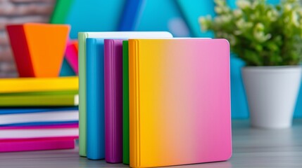 Poster - A stack of colorful notebooks with a green one in the middle. The books are arranged in a rainbow pattern