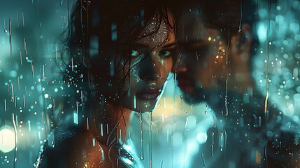 Wall Mural - Woman and man in the rain