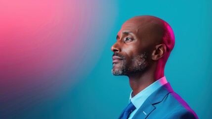 Poster - An entrepreneur with a visionary gaze, standing confidently against a backdrop that symbolizes innovation and leadership. The image captures the essence of pioneering spirit and forward-thinking.