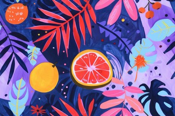 Sticker - Colorful Tropical Illustration with Citrus Fruits and Palm Leaves