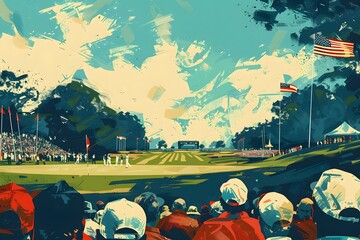 A painting of a golf course with a crowd of people watching a game