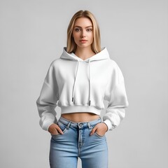 Cropped hoodie with stripes mockup. Youth model in crop hooded tshirt mock up. Young girl, woman white shirt, front view mock