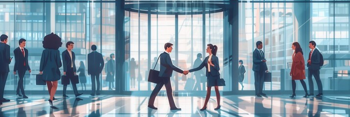 Poster - Two business people engage in a handshake in front of a contemporary office, signaling a successful agreement or partnership. Generative AI