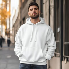 Wall Mural - Man white hoodie mockup. Young model long sleeve tshirt mock up. Men's Gildan 18500 shirt, basic hooded tshirt with stripes, fall, autumn casual jumper, front view, outdoor lifestyle