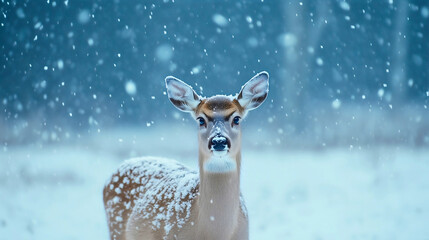 small cute fawn young doe or deer, outside in the snowy wilderness, in a snow-covered forest or mead