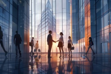 Aufkleber - Two business people shake hands in front of a sleek office building, illuminated by the warm glow of a sunset. Generative AI