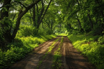 Wall Mural - A dirt road surrounded by trees in a dense forest