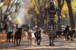 © Gabrielle - Futuristic humanoid robot walking with dogs in the street, AI generated