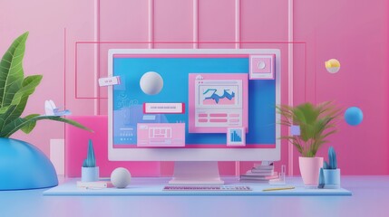 Poster - concept of assembling a web page from modules that fly around the display. the web design studio con