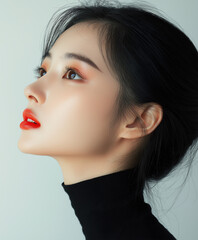 Elegant profile of a korean woman with styled hair and bold red lips against a soft background