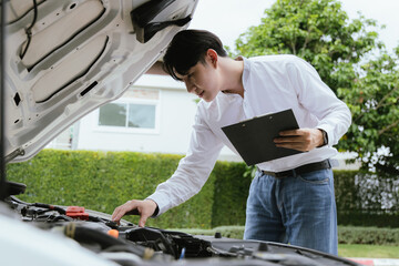 Wall Mural - A male mechanic inspects a broken-down car on the roadside, while a female insurance agent provides assistance. The Caucasian driver, holding a clipboard, discusses the damage and files a claim for re