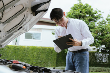 Wall Mural - A male mechanic inspects a broken-down car on the roadside, while a female insurance agent provides assistance. The Caucasian driver, holding a clipboard, discusses the damage and files a claim for re