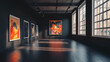 © suldev - Modern empty gallery interior with mock up place on dark wall, wooden, flooring and windows with daylight