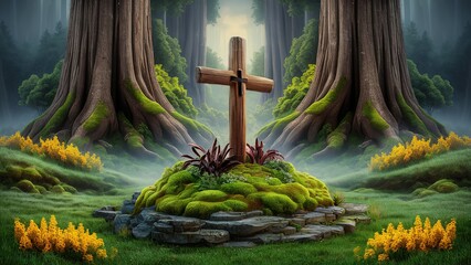 Wall Mural - Picture of green and heavy forest with god symbol tower on natural background. Generative ai.