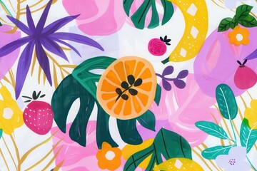 Sticker - Tropical Illustration with Colorful Fruits and Flowers on White Background