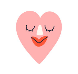 Poster - Cute smiling heart with closed eyes, feeling love. Adorable romantic funny character, emoji for Valentine's day. Happy tender face expression. Flat vector illustration isolated on white background