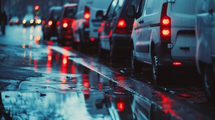 Wall Mural - A line of cars and vans on a wet street at dusk, with streetlights reflecting off the puddles, capturing an evening urban commute.