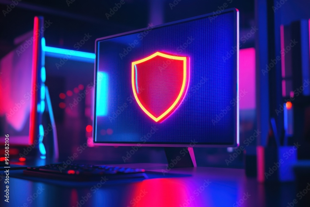 A shield symbol representing adblock, protecting a computer screen from ...