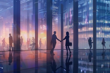 Aufkleber - Two business people shake hands outdoors in front of a sleek office building as the sun sets, highlighting an atmosphere of collaboration and agreement. Generative AI