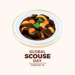 Wall Mural - Global Scouse Day poster vector illustration. Beef stew with potato and carrot icon vector. Goulash on a plate drawing. Liverpudlian dish symbol. Template for background, banner, card. February 28.