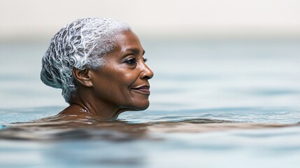 Poster - A senior black woman swimming in a pool with graceful movements highlighting the vitality of an active lifestyle in later years Stock Photo with copy space