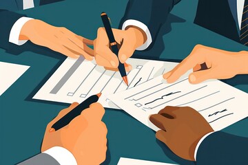 Poster - A group of people are signing papers together