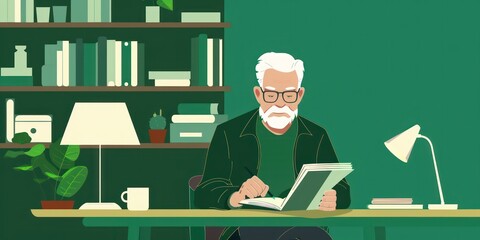 Aufkleber - A man is sitting at a desk with a book in front of him