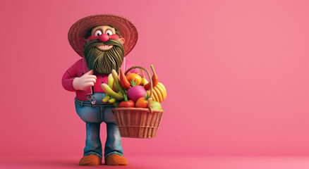 Poster - 3D character happy farmer with hat and beard holding basket full of vegetables against a pink background