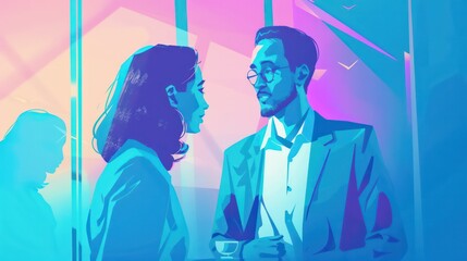 Poster - A man and woman are talking in a room with a blue background