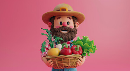 Poster - 3D character happy farmer with hat and beard holding basket full of vegetables against a pink background