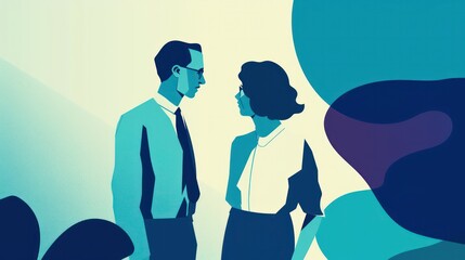 Poster - A man and woman are standing next to each other, with the man wearing a tie