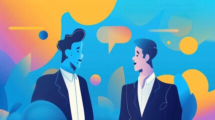 Poster - Two men are talking to each other in a blue and yellow background
