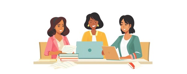 Poster - Three women are sitting at a table with a laptop in front of them