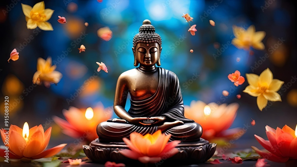 Serene Buddha statue meditating in lotus flowers, vibrant colors ...