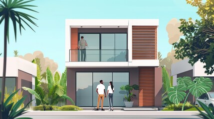 Aufkleber - A man and woman are standing on a balcony of a large house