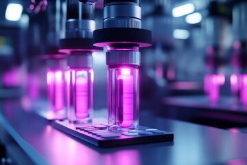 Sticker - High Tech Laboratory with Glowing Purple Test Tubes Symbolizing Advanced Biomedical Research