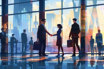 Aufkleber - Two business executives shake hands in front of a modern office, representing partnership and collaboration in a bustling urban environment. Generative AI