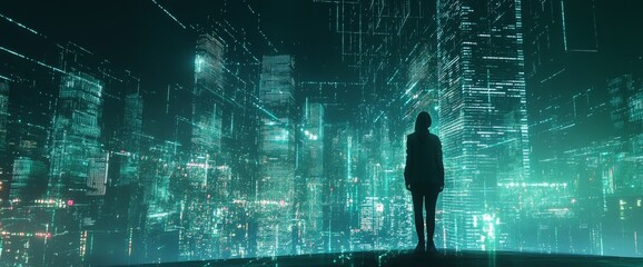 Aufkleber - an abstract city and dot point design connected with gradient line and aesthetic wave line design, d