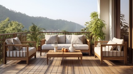 Elegant decorated balcony with rattan outdoor furniture, bright pillows and plants. Interior design terraces