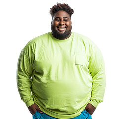 Front view mid body shot of an extremely fat 25-year-old African man in a lime green pullover and electric blue cargo shorts, smiling at the camera, isolated on a white transparent background