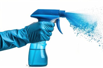 Wall Mural - Cleaning Spray: Blue Gloved Hand Holding Spray Bottle with Plastic Dispenser