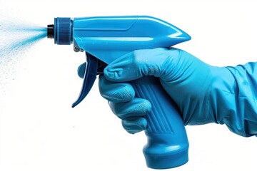 Wall Mural - Cleaning Spray: Blue Gloved Hand with Dispenser Bottle in Isolated Background