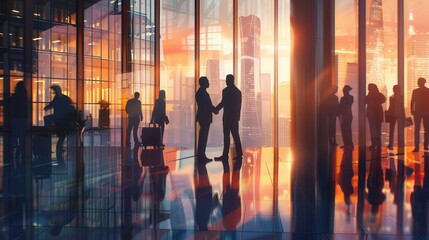 Poster - Two business people shake hands in front of a modern office building, with a vibrant sunset creating a professional atmosphere. Generative AI