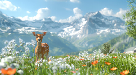 Wall Mural - A deer standing in the middle of an open field full of flowers, with mountains and a blue sky in the background