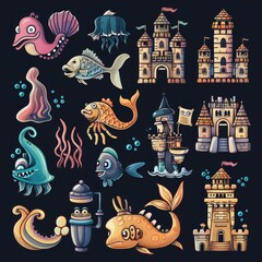 Wall Mural - Castle, monster, surreal images set, fantasy fairytale characters, scary mythology beasts, doodle fish dragons